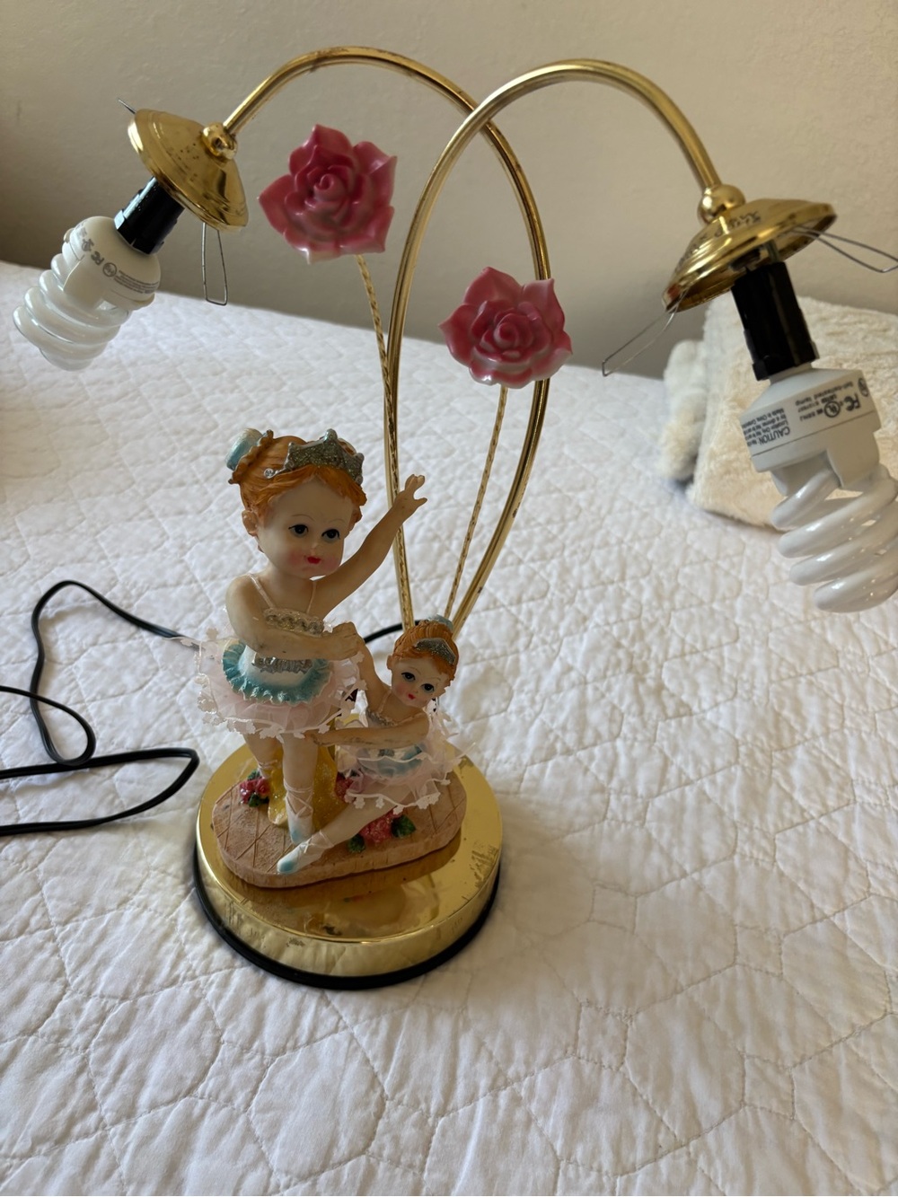 Pink Ballerina Figurine Table Lamp with Gold Accents